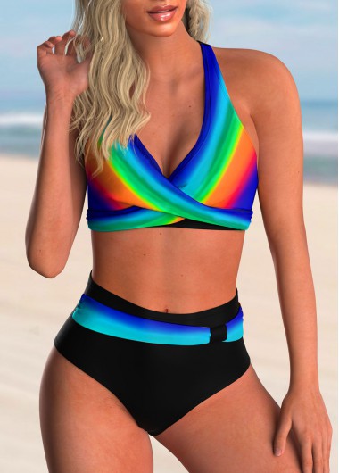 Modlily Rainbow Color Cross Front High Waisted Bikini Set - XL