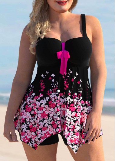 Modlily Plus Size Floral Print Bowknot Swimdress and Panty - 1X