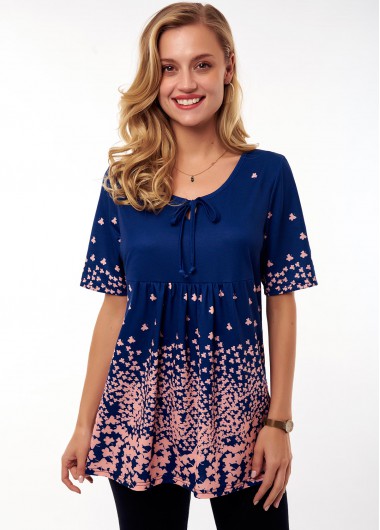 Modlily Tie Front Printed Short Sleeve T Shirt - M