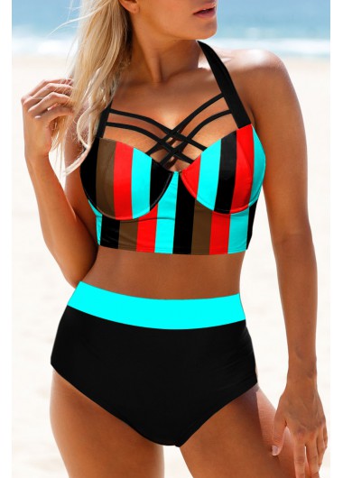 Modlily High Waisted Plaid Cross Front Bikini Set - XL