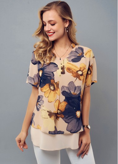 Modlily Floral Print Decorative Button Faux Two Piece Blouse - M