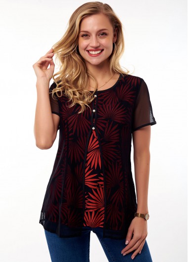 Modlily Leaf Print Faux Two Piece Button Detail Blouse - M