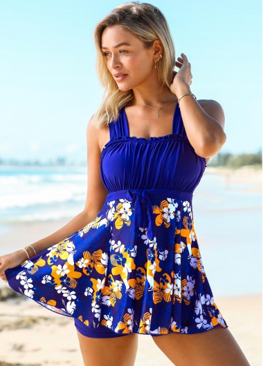 Modlily Floral Print Wide Strap Tie Front Swimdress and Shorts - S