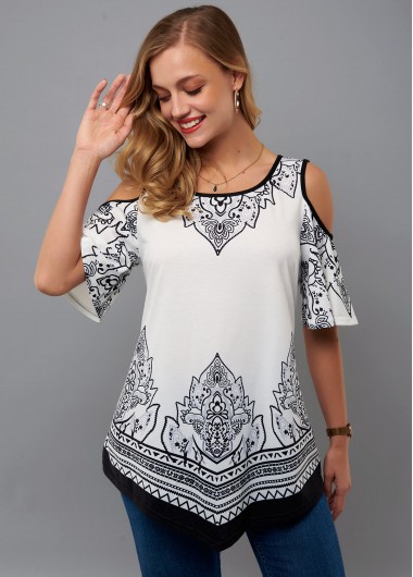 Modlily Tribal Print Cold Shoulder Asymmetric Hem T Shirt - XL