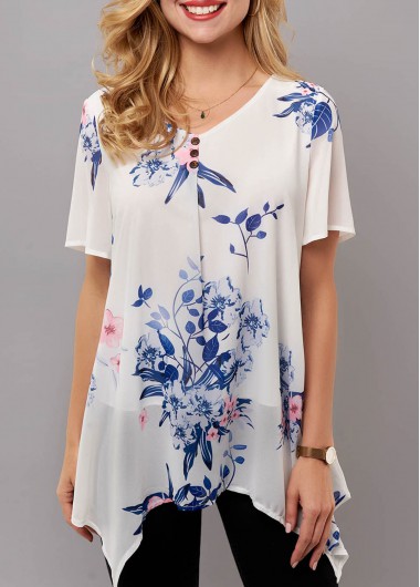 Modlily Asymmetric Hem Floral Print Short Sleeve T Shirt - L