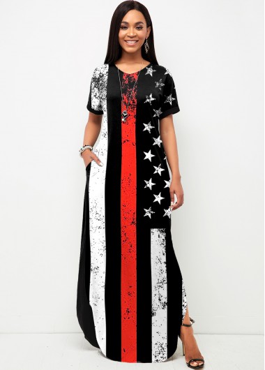 American Flag Print Side Slit Short Sleeve Dress  -  2nd 99%