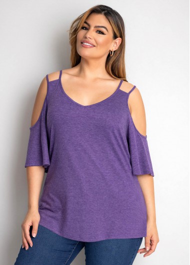 Modlily Cold Shoulder Plus Size Solid T Shirt - 2X