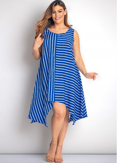 Modlily Plus Size Striped Asymmetric Hem Dress - 2X