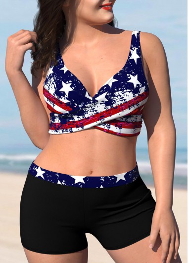 Modlily Plus Size American Flag Print Bikini Set - 2X