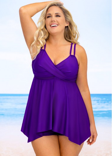 Modlily Plus Size Asymmetric Hem Cross Front Swimdress and Shorts - 1X