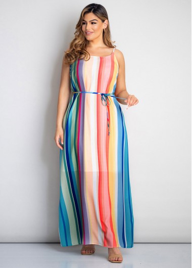 Modlily Plus Size Rainbow Stripe Spaghetti Strap Dress - 1X