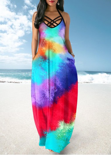 Modlily Multicolor Tie Dye Print Cross Strap Maxi Dress - XL