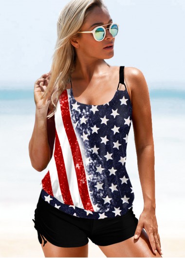 Modlily American Flag Print Spaghetti Strap Tankini Set - S