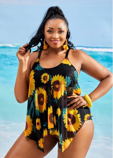 Modlily Plus Size Sunflower Print Asymmetric Hem Tankini Set - 2X