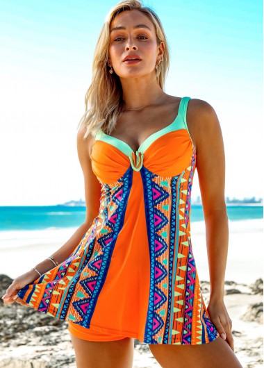 Modlily Geometric Print Wide Strap Shirred Swimdress and Shorts - L