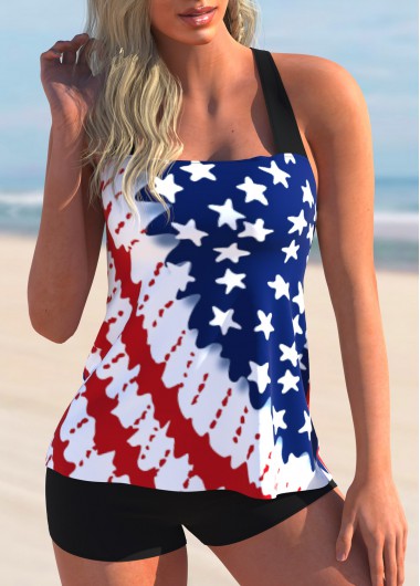 Modlily American Flag Print Criss Cross Back Tankini Set - S