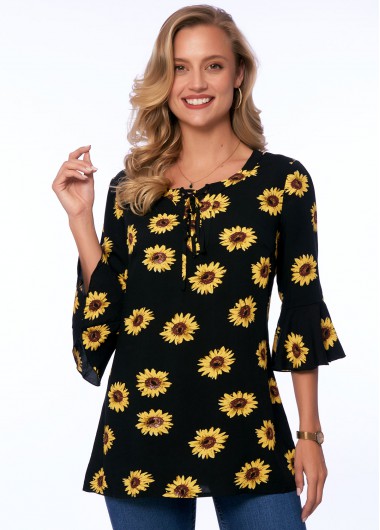 Modlily Lace Up Sunflower Print 3/4 Sleeve Blouse - M