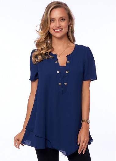 Modlily Layered Hem Decorative Button Short Sleeve Blouse - S