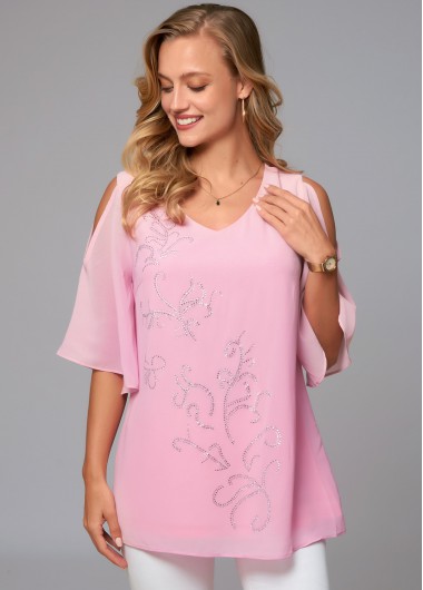 Modlily Rhinestone Detail Cold Shoulder 3/4 Sleeve Blouse - M