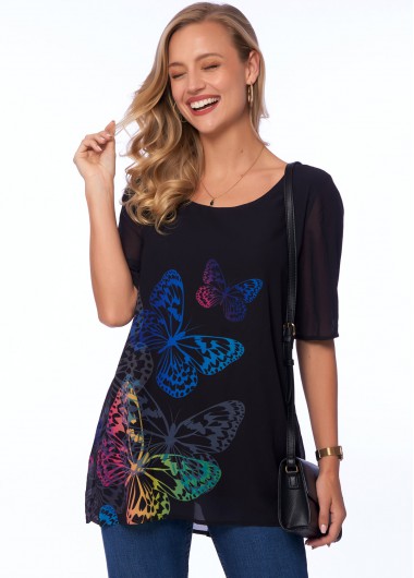 Modlily Half Sleeve Butterfly Print Round Neck T Shirt - XL