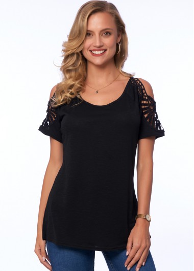 Modlily Cold Shoulder Solid Short Sleeve Round Neck T Shirt - S