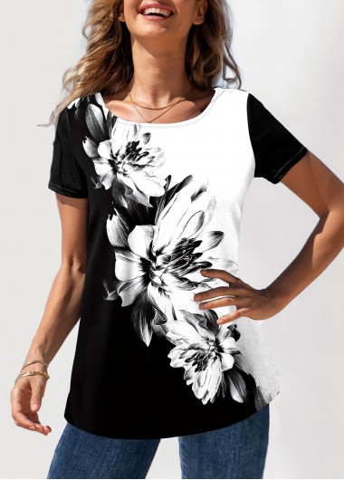 Modlily Floral Print Color Block Round Neck T Shirt - M