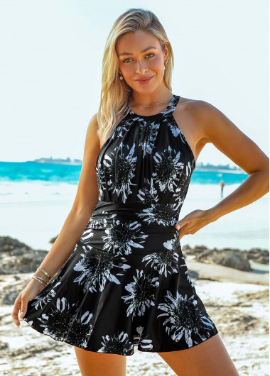 Modlily Floral Print Criss Cross Back Bib Neck Swimdress and Shorts - XXL