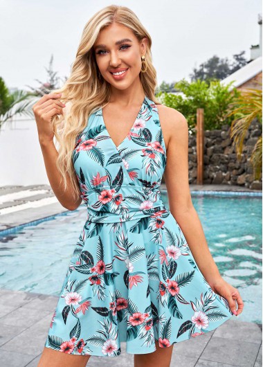 Modlily Cross Strap Floral Print Tie Back Swimdress and Shorts - S