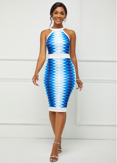 Modlily Ombre Geometric Print Sleeveless Bodycon Dress - L