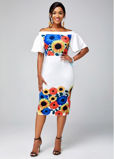 Modlily Ruffle Sleeve Off Shoulder Floral Print Dress - S