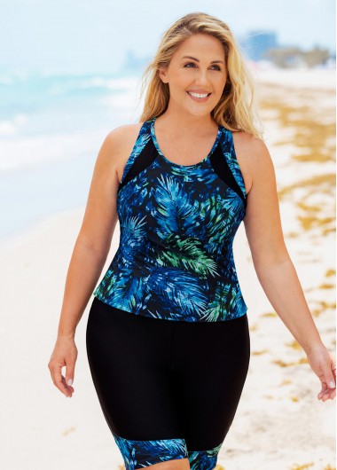 Modlily Plus Size Leaf Print High Waisted Tankini Set - L