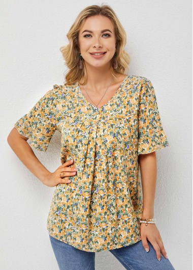 Modlily Ditsy Floral Print V Neck Half Sleeve T Shirt - 3XL