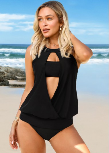 Modlily Bib Neck Solid Cutout Tankini Set - M