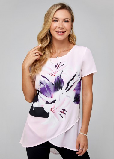 Modlily Short Sleeve Round Neck Floral Print Blouse - M