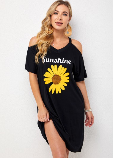 Modlily V Neck Cold Shoulder Sunflower Print Dress - S