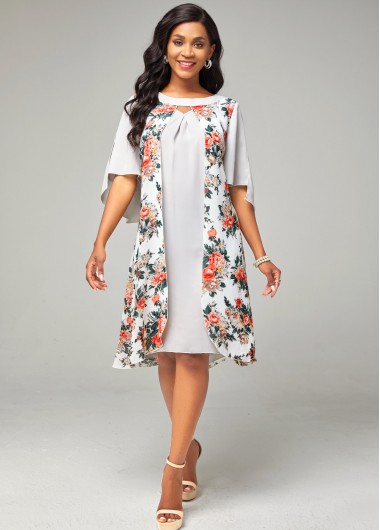 Modlily Keyhole Neckline Chiffon Floral Print Dress - XL