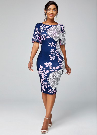 Modlily Floral Print Round Neck Short Sleeve Bodycon Dress - M