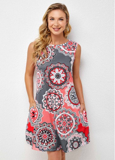 Modlily Pocket Geometric Print Round Neck Dress - M
