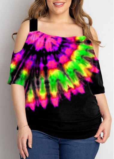 Modlily Plus Size Multi Color Cold Shoulder T Shirt - 1X