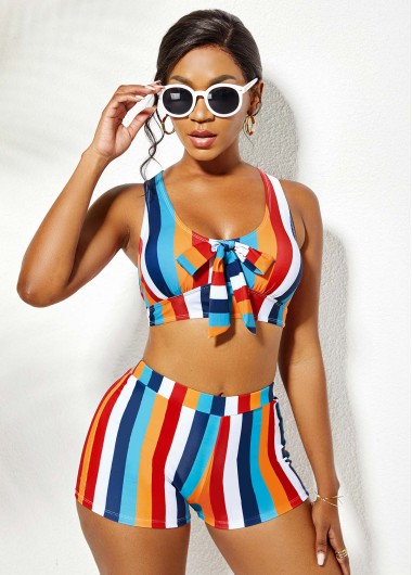 Modlily Rainbow Stripe High Waisted Bowknot Bikini Set - XL