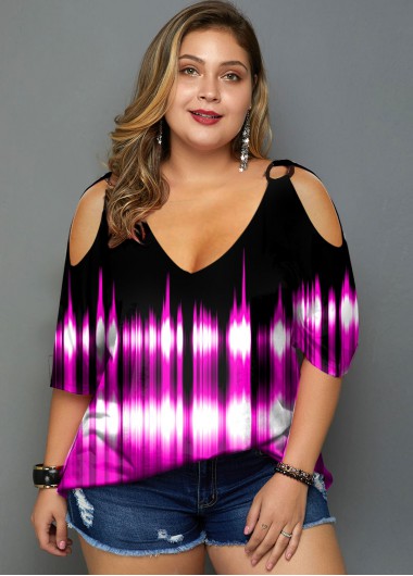 Modlily Plus Size Cold Shoulder Printed T Shirt - 1X