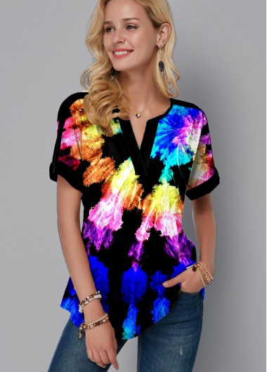 Modlily Tie Dye Print Rainbow Color Split Neck Blouse - S