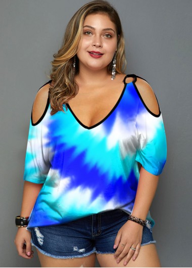 Modlily Plus Size Tie Dye Print Cold Shoulder T Shirt - 2X