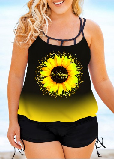 Modlily Plus Size Sunflower Print Ombre Tankini Set - 2X
