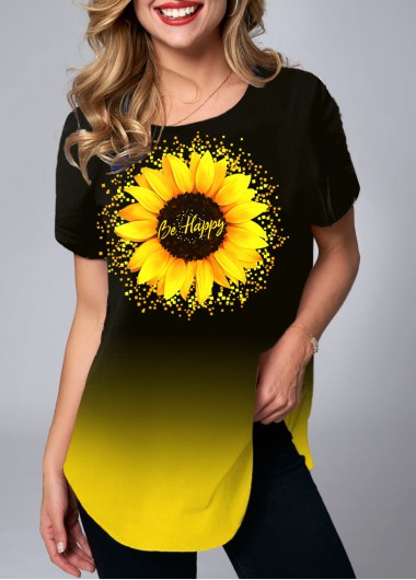 Modlily Short Sleeve Sunflower Print Ombre T Shirt - M