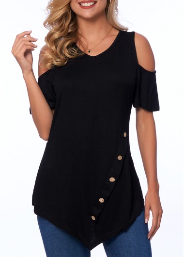 Modlily Cold Shoulder Asymmetric Hem Solid T Shirt - S