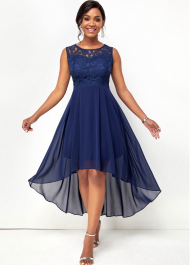 Modlily Lace Stitching Chiffon Sleeveless High Low Dress - M