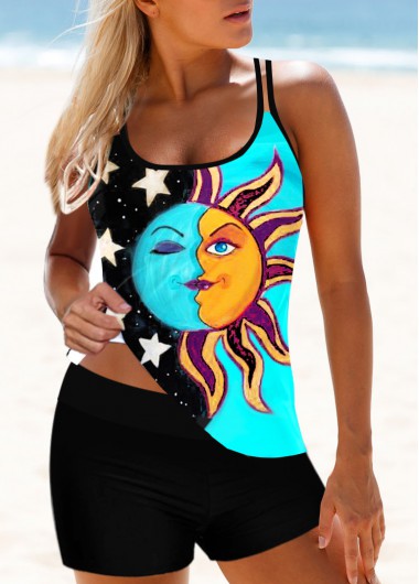 Modlily Psychedelic Print Color Block Mid Waist Tankini Set - S