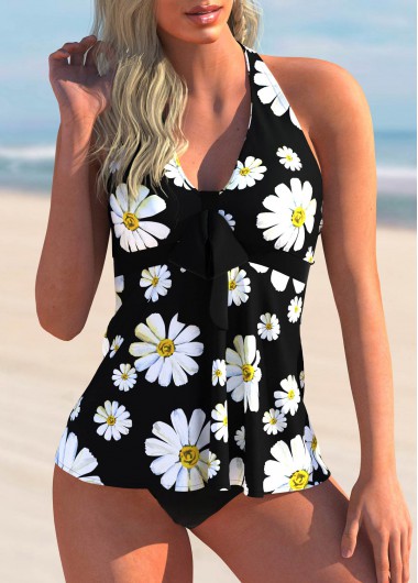 Modlily Daisy Print Bowknot Halter Tankini Set - S