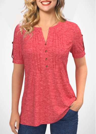 Modlily Pintuck Split Neck Short Sleeve Blouse - XL